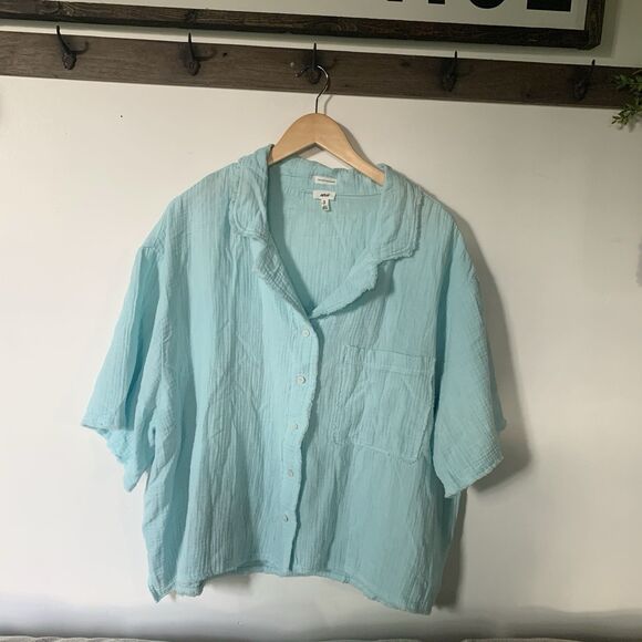 Aerie Gauze Short Sleeve Crop Button Up Shirt Blue Size XL Lagenlook Beach - Picture 1 of 4
